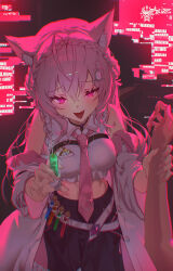 Rule 34 | 1girl, absurdres, animal ear fluff, animal ears, english text, glitch, glowing, glowing eyes, hair ornament, hairclip, hakui koyori, highres, holding, holding syringe, hololive, mont blanca, necktie, pink eyes, pink hair, syringe, virtual youtuber