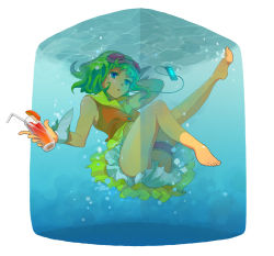 Rule 34 | 1girl, barefoot, blue eyes, bubble, digital media player, drink, feet, goggles, goggles on head, green eyes, gumi, bridal garter, legs, ooomi, short hair, skirt, soles, solo, toes, underwater, vocaloid, water, wet, wet clothes, wrist cuffs