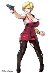 Rule 34 | 1girl, ada wong, ada wong (cosplay), aiming, android 18, bangle, black bra, black pantyhose, blonde hair, blue eyes, bra, bracelet, breasts, choker, cleavage, clenched hand, cosplay, darm engine, dragon ball, dragonball z, dress, earrings, finger on trigger, full body, gun, handgun, huge breasts, jewelry, open mouth, pantyhose, pistol, resident evil, resident evil 2, resident evil 2 (remake), short hair, sideboob, solo, strapless, strapless bra, swept bangs, torn clothes, torn dress, torn pantyhose, underwear, weapon, white background