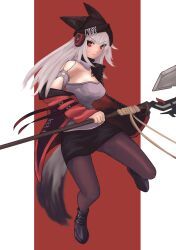 Rule 34 | &gt;:(, 1girl, absurdres, animal ears, arknights, axe, bare shoulders, black footwear, black headwear, black pantyhose, black skirt, boots, commentary request, detached sleeves, ears through headwear, fox ears, fox tail, frostleaf (arknights), grey hair, grey shirt, highres, holding, holding axe, holding weapon, jacket, looking at viewer, off shoulder, pantyhose, pencil skirt, red eyes, red jacket, shirt, skirt, solo, strapless, strapless shirt, superbeek4, tail, v-shaped eyebrows, weapon