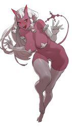 Rule 34 | 1girl, :q, absurdres, blush, braided sidelock, breasts, cameltoe, cleft of venus, collar, colored skin, demon girl, demon tail, disto, ear piercing, elbow gloves, frilled gloves, frills, gloves, highres, horns, large breasts, leaning forward, long hair, looking at viewer, maebari, naughty face, navel, oni, open mouth, original, pasties, piercing, red eyes, red horns, red oni, red skin, simple background, solo, tail, thighhighs, tongue, tongue out, very long hair, white background, white collar, white gloves, white hair, white thighhighs