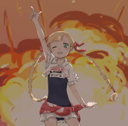 Rule 34 | 1girl, blonde hair, blush, braid, explosion, fang, green eyes, groin, hair tubes, highres, kisai waka, long hair, mitou shoukan://blood sign, olivia highland, one-piece swimsuit, one eye closed, open mouth, parka, school swimsuit, sketch, solo, swimsuit, twin braids