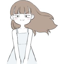 Rule 34 | 1girl, :3, bare arms, bare shoulders, blunt bangs, blush stickers, borrowed character, brown hair, child gf (orenji), closed mouth, collarbone, commentary request, dress, long hair, looking at viewer, original, raised eyebrow, simple background, sleeveless, sleeveless dress, solo, standing, sundress, takemitsu tenta, white background, white dress