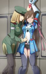 Rule 34 | 2girls, against wall, blonde hair, blue eyes, bound, bound wrists, breasts, brown eyes, brown hair, hair ribbon, hat, highres, imminent rape, large breasts, long hair, medium breasts, medium hair, military, military uniform, milla bachtein, multiple girls, one eye closed, open mouth, pantyhose, parted lips, pencil skirt, ponytail, purple thighhighs, ribbon, saionji reimi, shiny clothes, short shorts, shorts, skirt, smile, star ocean, star ocean the last hope, thighhighs, toya, uniform, very long hair, wall, wince