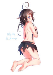 Rule 34 | 10s, 1girl, ahoge, arched back, ass, back, bare back, bare shoulders, barefoot, bikini, black hair, blue eyes, blush, breasts, character name, crossed arms, emia wang, full body, hair flaps, hair over shoulder, kantai collection, kneeling, looking back, profile, shigure (kancolle), shigure kai ni (kancolle), simple background, skirt, solo, torn bikini, torn clothes, torn skirt, twitter username, white background