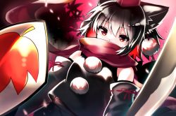 Rule 34 | 1girl, alternate color, animal ears, bare shoulders, black hair, black shirt, detached sleeves, highres, holding, holding shield, holding sword, holding weapon, inubashiri momiji, leaf print, looking at viewer, maple leaf print, outdoors, pokopoko ponzu, pom pom (clothes), red eyes, red scarf, red sky, scarf, shield, shirt, short hair, sky, solo, sword, touhou, upper body, weapon, wolf ears