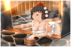 Rule 34 | 1girl, :3, areola slip, bath, bathing, black hair, blush, border, breasts, bucket, cleavage, collarbone, commentary request, covered erect nipples, feet out of frame, hat, highres, jewelry, kimeemaru, kitsunerider, large breasts, leaning forward, looking at viewer, necklace, one eye closed, open mouth, red hat, shameimaru aya, short hair, solo, steam, tokin hat, touhou, towel around waist, water, white border, yukkuri shiteitte ne