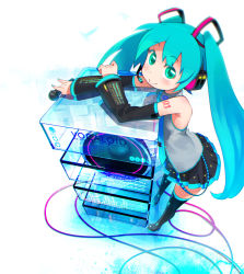 Rule 34 | 1girl, aqua eyes, aqua hair, bird, commentary request, detached sleeves, hatsune miku, headphones, headset, highres, holding, holding microphone, legs, long hair, microphone, minawa, necktie, photoshop (medium), skirt, smile, solo, speaker, thighhighs, twintails, vocaloid