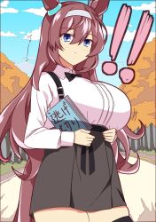 Rule 34 | !, !!, ahoge, alternate costume, animal ears, autumn leaves, black bow, black thighhighs, blue eyes, blue sky, book, bow, breasts, brown hair, brown skirt, cloud, cloudy sky, collared shirt, commentary request, ear ornament, hairband, highres, holding, holding book, horse ears, horse girl, horse tail, large breasts, mihono bourbon (umamusume), outdoors, shirt, skirt, sky, strap, tail, thighhighs, umamusume, wahiko (black bastard), white hairband, white shirt