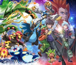 Rule 34 | 10s, 1girl, 3boys, alain (pokemon), alternate color, backpack, bag, black hair, black jacket, blue eyes, blue fire, blue scarf, brown eyes, charizard, chespin, claws, clenched hand, clenched hands, creatures (company), dragon, earth (planet), fire, flame-tipped tail, game freak, gen 1 pokemon, gen 3 pokemon, gen 6 pokemon, gloves, glowing, green pants, grey eyes, grey hair, groudon, hat, highres, hug, jacket, jewelry, kyogre, leather, leather jacket, legendary pokemon, lysandre (pokemon), mairin (pokemon), mega charizard x, mega metagross, mega pokemon, mega rayquaza, metagross, moa^, multiple boys, necktie, nintendo, open mouth, orange hair, pants, pantyhose, planet, pokemoa, pokemon, pokemon (anime), pokemon (creature), pokemon oras, pokemon xy, primal groudon, primal kyogre, purple footwear, purple shirt, rayquaza, red eyes, red hair, scared, scarf, shiny pokemon, shirt, shoes, short hair, smile, space, star (sky), steven stone, water