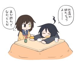 Rule 34 | 2girls, ahoge, beige cardigan, black hair, black sweater, blue sailor collar, brown hair, cardigan, cheno (amakuchi mustard), closed eyes, commentary request, cup, food, fruit, furutaka (kancolle), giving up the ghost, heterochromia, highres, kako (kancolle), kantai collection, kotatsu, mandarin orange, multiple girls, neckerchief, one-hour drawing challenge, red neckerchief, sailor collar, school uniform, serafuku, short hair, sweater, table, translation request, yellow eyes, yunomi
