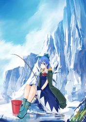 Rule 34 | 1girl, bad id, bad pixiv id, blue dress, blue eyes, blue hair, blue sky, boots, bow, bucket, cirno, coat, day, dress, fishing rod, hair bow, highres, ice, ice block, ice fishing, ice wings, looking at viewer, matching hair/eyes, open clothes, open coat, rubber boots, sitting, sky, solo, tetsurou (fe+), touhou, wings