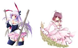 Rule 34 | 2girls, alternate costume, animal ears, bamboo, bare shoulders, dress, female focus, highres, inaba tewi, long hair, looking back, multiple girls, open clothes, open dress, purple hair, rabbit ears, red eyes, reisen udongein inaba, sesield, skirt, thighhighs, touhou, transparent background