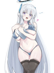 Rule 34 | 1girl, absurdres, bikini, blue archive, blue bikini, breasts, brown thighhighs, grey hair, halo, headgear, heart, highres, large breasts, long hair, looking at viewer, noa (blue archive), ocha (popopogg), purple eyes, simple background, solo, standing, swimsuit, thighhighs, thighs, very long hair, white background