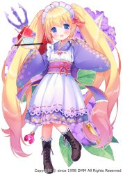 Rule 34 | 1girl, :d, ahoge, apron, blonde hair, boots, bow, bowl, brown footwear, company name, cross-laced footwear, floral background, flower, flower knight girl, food, full body, gem, hair flower, hair ornament, hairband, head tilt, heliotrope (flower knight girl), japanese clothes, kimono, knees together feet apart, lace-trimmed apron, lace-up boots, lace trim, long hair, long sleeves, looking at viewer, maid, maid headdress, name connection, obi, object namesake, official art, open mouth, pinching sleeves, purple bow, purple eyes, purple kimono, ribbon-trimmed apron, ribbon trim, sash, shaved ice, smile, solo, sparkle, staff, standing, standing on one leg, tray, twintails, usashiro mani, very long hair, wa maid, waist bow, waitress, white apron, wide sleeves