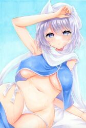 Rule 34 | 1girl, armpits, blue background, blue eyes, breasts, grey hair, groin, highres, large breasts, letty whiterock, looking at viewer, natsume nadeshiko, navel, panties, scarf, short hair, solo, sweat, touhou, underboob, underwear, white headwear, white panties, white scarf