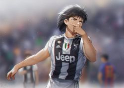 Rule 34 | 1boy, adidas, black hair, captain tsubasa, commentary, cowboy shot, english commentary, hand on own face, hyuuga kojirou, juventus fc, paulo dybala, rico t08, serie a, sleeves rolled up, soccer uniform, sportswear