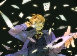 Rule 34 | 1boy, ace (playing card), ace of spades, america (hetalia), axis powers hetalia, bad id, bad pixiv id, blonde hair, blue eyes, card, floating card, finger in own mouth, glasses, holding, holding card, male focus, mebouki, one eye closed, playing card, queen (playing card), queen of spades, simple background, solo, spade (shape), wink, yuko mebouki