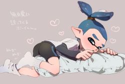 Rule 34 | 1boy, bad id, bad pixiv id, blue eyes, blue hair, blush, body pillow, full body, heart, inkling, inkling boy, inkling player character, looking at viewer, male focus, mask, nintendo, pillow, pointy ears, ponytail, shorts, socks, solo, straddling, takemokotakemo, tentacle hair