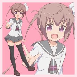 Rule 34 | 10s, 1girl, :d, ahoge, black thighhighs, blush, bow, brown footwear, brown hair, commentary request, fang, fingernails, grey neckwear, grey sailor collar, grey skirt, hair between eyes, hair bow, highres, kashiopea, loafers, long hair, long sleeves, momochi tamate, open mouth, outstretched arm, pink background, pleated skirt, pointing, pointing at viewer, purple eyes, sailor collar, school uniform, serafuku, shirt, shoes, sidelocks, skirt, slow start, smile, solo, standing, standing on one leg, thighhighs, twintails, very long hair, white bow, white shirt, zoom layer