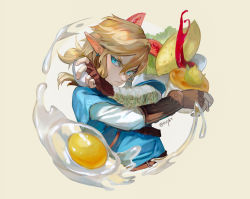 Rule 34 | 1boy, belt, blonde hair, blue eyes, blue shirt, brown belt, brown gloves, closed mouth, commentary request, crossed arms, earrings, egg, fingerless gloves, food, gloves, hair between eyes, holding, holding egg, holding food, jewelry, link, long sleeves, looking at viewer, male focus, medium hair, nintendo, omelet, pointy ears, salad, serious, shirt, simple background, sizu, solo, the legend of zelda, the legend of zelda: breath of the wild, tomato, twitter username, upper body, white background