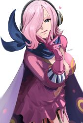 Rule 34 | 1girl, blue neckerchief, closed mouth, commentary request, curly eyebrows, dress, fujitachobi, gloves, hair over one eye, headphones, heart, highres, looking at viewer, neckerchief, one eye covered, one piece, pink dress, pink gloves, pink hair, short hair, signature, solo, tongue, tongue out, vinsmoke reiju