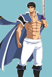 Rule 34 | 1boy, abs, black eyes, black hair, blue background, boots, coat, expressionless, gensou suikoden, gensou suikoden ii, jacket, jacket on shoulders, male focus, miklotov (suikoden), muscular, pants, solo, sword, topless male, weapon, yoshika51