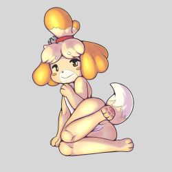 Rule 34 | 1girl, :&gt;, animal crossing, animal ears, animal hands, arm support, barefoot, bell, blonde hair, blush stickers, brown eyes, closed mouth, dog ears, dog girl, dog tail, female focus, flat chest, full body, furry, furry female, grey background, hair bell, hair ornament, hair tie, hand up, happy, highres, isabelle (animal crossing), jingle bell, knees together feet apart, leg up, looking to the side, lying, nintendo, nude, on side, pawpads, pussy, short hair, simple background, solo, suenbroe, tail, topknot, uncensored