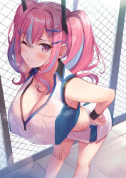 Rule 34 | 1girl, ;), azur lane, bare shoulders, blush, breasts, bremerton (azur lane), bremerton (scorching-hot training) (azur lane), chain-link fence, cleavage, closed mouth, collarbone, crop top, crop top overhang, fence, heart, heart necklace, highres, jewelry, large breasts, leaning forward, long hair, looking at viewer, multicolored hair, necklace, one eye closed, pink eyes, pink hair, revision, sidelocks, smile, sportswear, streaked hair, super nagoyaka, tennis uniform, twintails, two-tone shirt, two-tone skirt, wristband