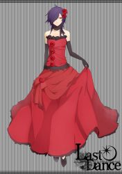 Rule 34 | 1girl, bad id, bad pixiv id, bare shoulders, black hair, dress, elbow gloves, fezes, flower, gloves, gown, hair flower, hair ornament, hair over one eye, pixiv master and servant, red eyes, solo
