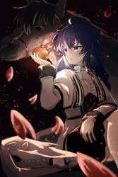 Rule 34 | apple, bare legs, blue hair, dark, dress, food, fruit, hexenhut wb, highres, horse, mushoku tensei, purple eyes, roxy migurdia, sitting, skull, white dress