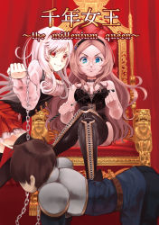 Rule 34 | 1boy, 2girls, all fours, armor, artist request, blue eyes, boots, brown hair, corset, cover, femdom, glasses, headband, katie (sennen sensou aigis), kneeling, leash, crossed legs, long hair, looking at viewer, multiple girls, pink hair, red eyes, riding crop, sennen sensou aigis, short hair, sitting, skirt, smile, thigh boots, thighhighs, throne