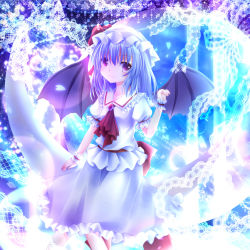 Rule 34 | bat wings, blue hair, crescent, dress, frills, furomaaju (fromage), hat, hat ribbon, laces, puffy sleeves, purple eyes, remilia scarlet, ribbon, short hair, short sleeves, sitting, skirt, solo, touhou, wings