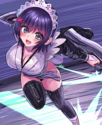 Rule 34 | 1girl, apron, black hair, blue eyes, blush, breasts, butterfly swords, cleavage, fighting stance, flipped hair, hair ornament, holding, holding weapon, iroha (samurai spirits), jumping, large breasts, leotard, leotard under clothes, looking at viewer, maid, maid headdress, misoinukinenkan, revealing clothes, samurai spirits, shiny skin, short hair, simple background, solo, standing, thighhighs, weapon, white apron, wide hips