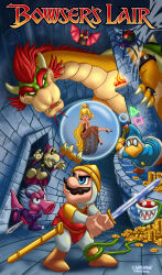 Rule 34 | 1girl, 3boys, absurdres, bat (animal), bat (super mario galaxy), birdo, black dress, blonde hair, blue eyes, bowser, brown hair, bug, castle, character request, claws, coin, cosplay, crossover, crown, dirk the daring, dirk the daring (cosplay), dragon, dragon&#039;s lair, dress, dry bones, earrings, evil grin, evil smile, facial hair, fire, gloves, gold coin, grin, hat, highres, horns, indoors, jewelry, long hair, looking at another, magikoopa, mario, mario (series), multiple boys, mustache, nintendo, piranha plant, princess daphne, princess daphne (cosplay), princess peach, red hair, serious, singe, skull, smile, spider, super mario bros. 1, sword, weapon
