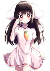 Rule 34 | 1girl, alternate hair length, alternate hairstyle, animal ears, black hair, blush, breasts, bright pupils, carrot necklace, commentary request, cowboy shot, dress, hand in own hair, high collar, highres, inaba tewi, jewelry, long hair, looking at viewer, necklace, pink dress, puffy short sleeves, puffy sleeves, rabbit ears, red eyes, short sleeves, simple background, skirt hold, small breasts, smile, solo, standing, touhou, tsukimirin, very long hair, white background, white pupils