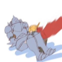 Rule 34 | 2boys, alphonse elric, armor, blonde hair, blurry, brothers, carrying, coat, edward elric, falling, full armor, full body, fullmetal alchemist, male focus, multiple boys, princess carry, red coat, siblings, simple background, tabixneko, white background
