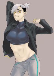 Rule 34 | 1girl, absurdres, blazer, breasts, earrings, grey background, grey hair, hair ornament, highres, jacket, jewelry, kantoqyoiko, light smile, looking at viewer, midriff, nail polish, navel, original, ponytail, simple background, smile, solo, yellow eyes, yellow nails