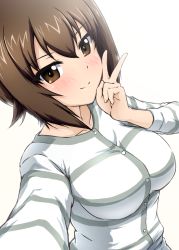 Rule 34 | 10s, 1girl, blush, breasts, brown eyes, brown hair, buttons, collarbone, diesel-turbo, girls und panzer, impossible clothes, impossible shirt, long sleeves, looking at viewer, medium breasts, nishizumi maho, shirt, short hair, simple background, smile, solo, striped clothes, striped shirt, v, white background