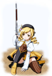Rule 34 | 10s, 1girl, beret, blonde hair, boots, detached sleeves, drill hair, female focus, fingerless gloves, gloves, gun, hair ornament, hairpin, hat, holding, holding gun, holding weapon, kneeling, magical girl, magical musket, mahou shoujo madoka magica, mahou shoujo madoka magica (anime), musket, on one knee, panties, pantyshot, pleated skirt, puffy sleeves, ribbon, rifle, skirt, smile, solo, striped clothes, striped thighhighs, suzume no kimochi, thighhighs, tomoe mami, twintails, underwear, upskirt, vertical-striped clothes, vertical-striped thighhighs, weapon, white background, white panties, yellow eyes, zettai ryouiki