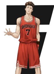Rule 34 | 1boy, absurdres, basketball uniform, brown hair, collarbone, curly hair, highres, kami off record, male focus, miyagi ryouta, pompadour, slam dunk (series), smile, solo, sportswear, standing, white background