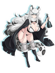 Rule 34 | 1girl, animal ear fluff, animal ears, arknights, bell, bikini, black hair, boots, braid, breasts, bright pupils, cape, cleavage, dot mouth, drop shadow, expressionless, fur boots, grey eyes, head chain, hella p, highres, jewelry, large breasts, leopard ears, leopard girl, leopard tail, long hair, multicolored hair, necklace, pramanix (arknights), side braids, solo, swimsuit, tail, thighhighs, turtleneck, twin braids, two-tone hair, very long hair, white background, white hair
