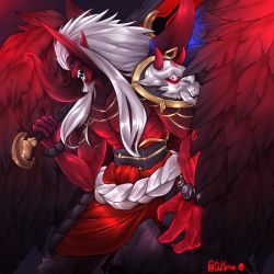 Rule 34 | 1boy, aatrox, absurdres, armor, bead bracelet, beads, belt, black sclera, blood moon aatrox, blue eyes, bracelet, claws, colored sclera, colored skin, demon boy, feathered wings, feathers, glowing, greatsword, highres, holding, holding sword, holding weapon, horns, jewelry, league of legends, long hair, male focus, nillith, open mouth, over shoulder, pauldrons, pointy ears, red skin, red wings, rope belt, shoulder armor, signature, single pauldron, smile, solo, sword, sword over shoulder, teeth, topless male, twitter username, weapon, weapon over shoulder, white hair, wings