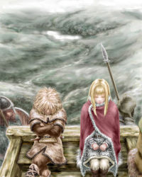 Rule 34 | 1boy, 1girl, armor, canute, cape, crossed arms, lowres, red cape, scale armor, sitting, thorfinn, vinland saga
