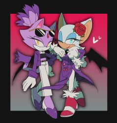 2girls absurdres alternate_costume black_border blaze_the_cat blue_eyes border cosplay costume_switch flower forehead_jewel furry gem highres looking_at_viewer multiple_girls one_eye_closed pink_lips purple_fur red_flower red_gemstone red_rose rose rouge_the_bat sonic_(series) sunglasses the_murder_of_sonic_the_hedgehog unneul white_fur yellow_eyes