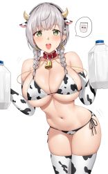 Rule 34 | 1girl, :d, absurdres, animal ears, animal print, bare shoulders, bell, bikini, blush, bottle, braid, breasts, choker, cleavage, collar, cow ears, cow horns, cow print, cow print bikini, cowbell, cowboy shot, earrings, elbow gloves, fake animal ears, fake horns, flower, gloves, green eyes, grey hair, hair flower, hair ornament, hairband, hands up, highres, holding, hololive, horns, jewelry, large breasts, leaning forward, long hair, looking at viewer, milk, milk bottle, motion lines, navel, neck bell, open mouth, print bikini, red choker, red collar, shirogane noel, side-tie bikini bottom, simple background, skindentation, smile, solo, stomach, string bikini, sunflower, sunflower hair ornament, swimsuit, teeth, thighhighs, thighs, twin braids, upper teeth only, virtual youtuber, white background, yakimi 27
