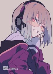 Rule 34 | 1girl, blouse, brown background, commentary, copyright name, crack, cracked glass, eyebrows hidden by hair, flat color, from side, glasses, gradient hair, grey hair, gridman universe, hair between eyes, hand up, head rest, headphones, highres, hood, hood down, hooded jacket, jacket, long sleeves, looking away, mochizuki kei, multicolored hair, muted color, off shoulder, open clothes, open jacket, open mouth, pink-framed eyewear, purple hair, purple jacket, purple shirt, red eyes, shinjou akane, shirt, simple background, sleeves past wrists, solo, ssss.gridman, upper body