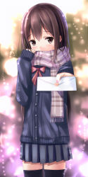 Rule 34 | 1girl, bad id, bad pixiv id, black thighhighs, blush, bow, brown eyes, brown hair, covering own mouth, letter, long hair, long sleeves, looking at viewer, love letter, original, plaid, plaid scarf, scarf, scarf over mouth, school uniform, shy, skirt, snowing, solo, suzuame yatsumi, thighhighs, valentine