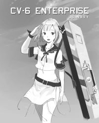 Rule 34 | 10s, 1girl, belt, crop top, crop top overhang, enterprise (pacific), greyscale, highres, jeanex, kantai collection, looking at viewer, mecha musume, midriff, monochrome, navel, original, pacific (kancolle), personification, salute, short hair, skirt, solo, uss enterprise (cv-6)