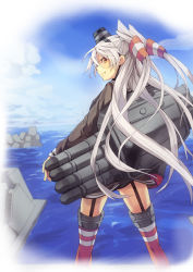 Rule 34 | 10s, 1girl, amatsukaze (kancolle), brown eyes, dress, fu-ta, garter straps, kantai collection, long hair, machinery, sailor dress, silver hair, smile, striped clothes, striped thighhighs, thighhighs, torpedo, two side up, very long hair